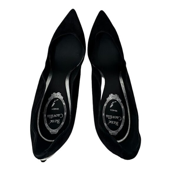 Rare Rene Caovilla Tessa Black Suede Scalloped Edges Pointed Toe Heels Pumps 9 - Picture 6 of 13